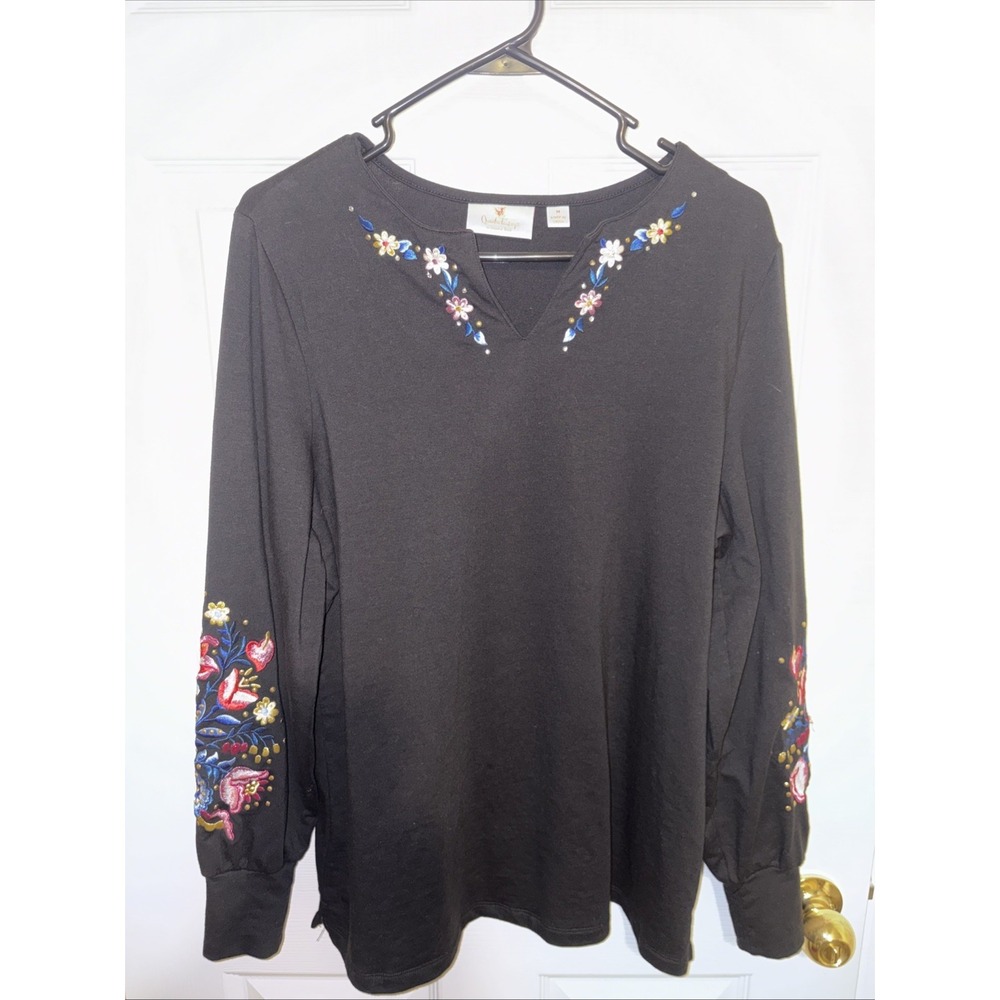 Quacker Factory Sz M Black Embroidered Gorgeous Boho Tunic Shirt Top